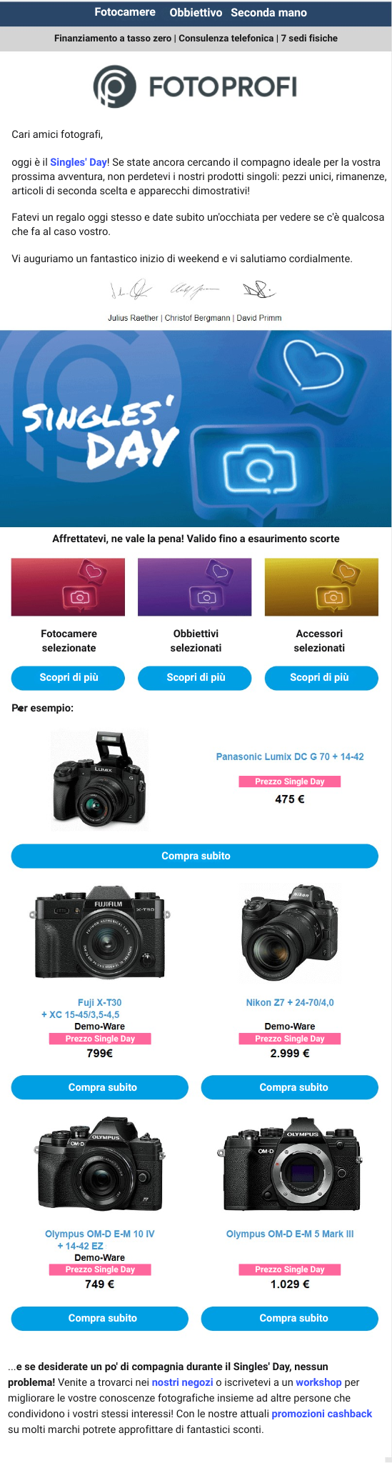 Esempio di newsletter fatta con rapidmail per il Single Day da un e-commerce fotografico